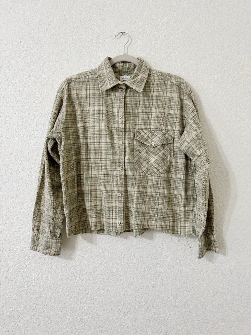 Wilfred Free Plaid Cropped Button Front Shirt Jacket Shacket Green Cream